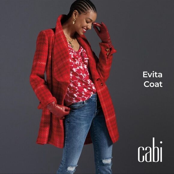 NWOT Cabi Red Plaid Check Evita Coat - Picture 2 of 9